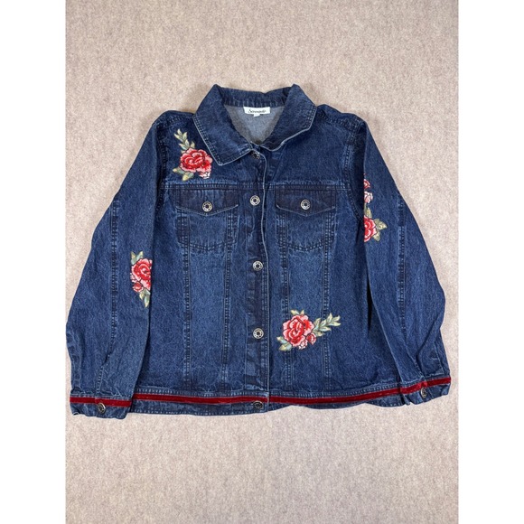 Serengeti Jackets & Blazers - k36: Serengeti  XL Denim Jacket Rose Floral Embroidered Velvet Trim Blue Cotton